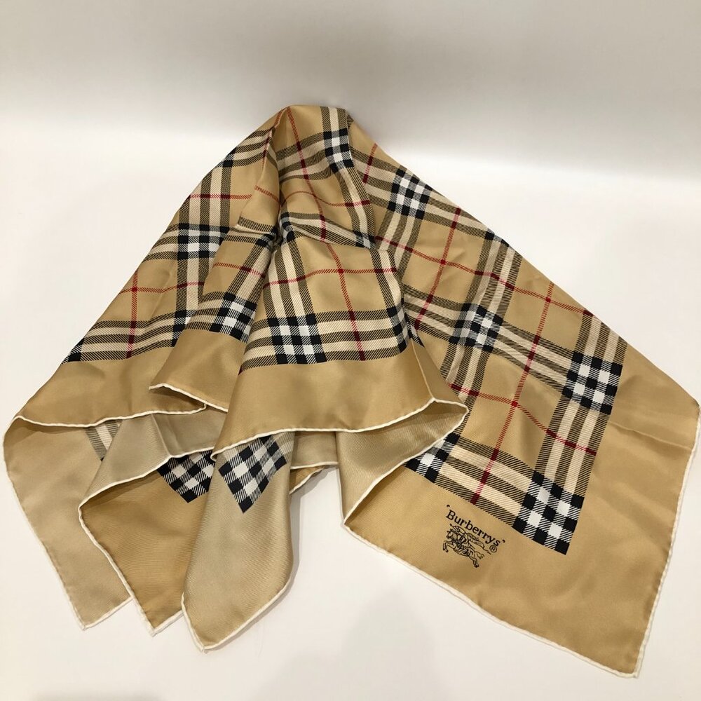 #26 Burberry Beige  Check Silk Scarf Sku# 85315 (Gently Used) - Picture 2 of 13